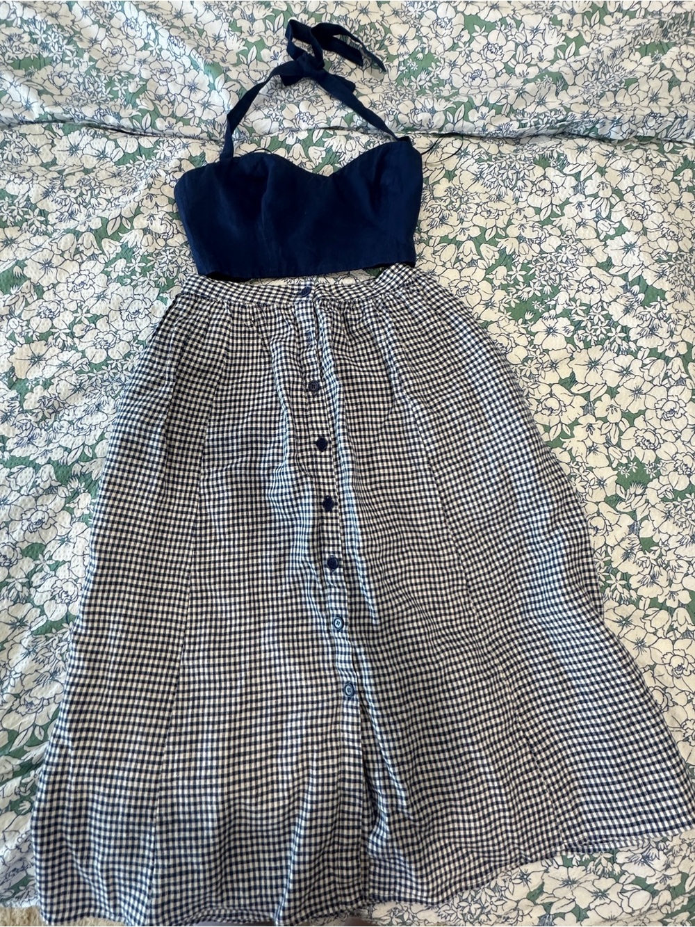 Reformation Navy Halter Crop Top with Black & White Gingham Button Skirt